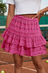 Fisoew Women's Rose Red Ruffle Boho Mini Skirt
