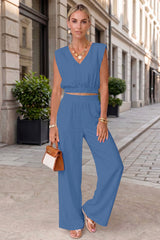 Fisoew Women's Navy Linen Lounge 2 Piece Outfits