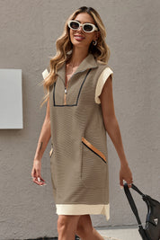 Womens Light Brown Half-Zip Contrast Casual Mini Dress Fisoew