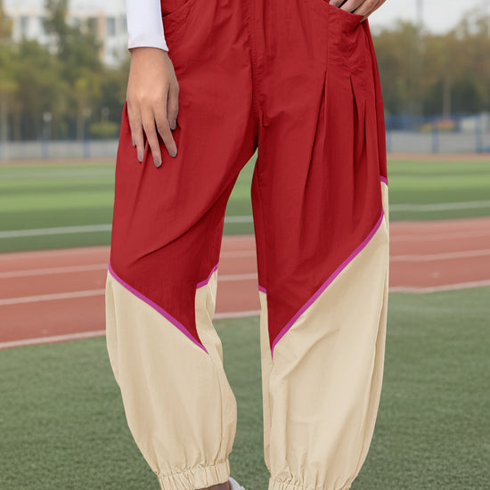 Womens Red Elastic Waist Color Block Pants Fisoew - Fisoew