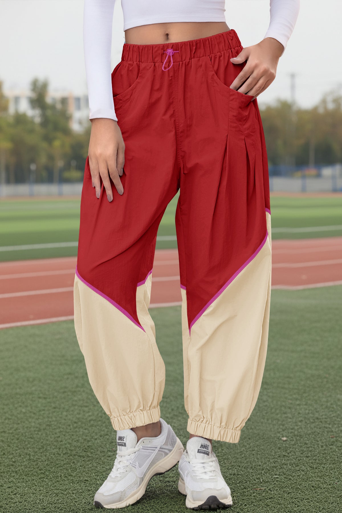 Womens Red Elastic Waist Color Block Pants Fisoew - Fisoew