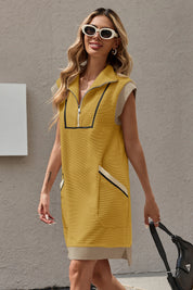Womens Yellow Half-Zip Contrast Casual Mini Dress Fisoew - Fisoew