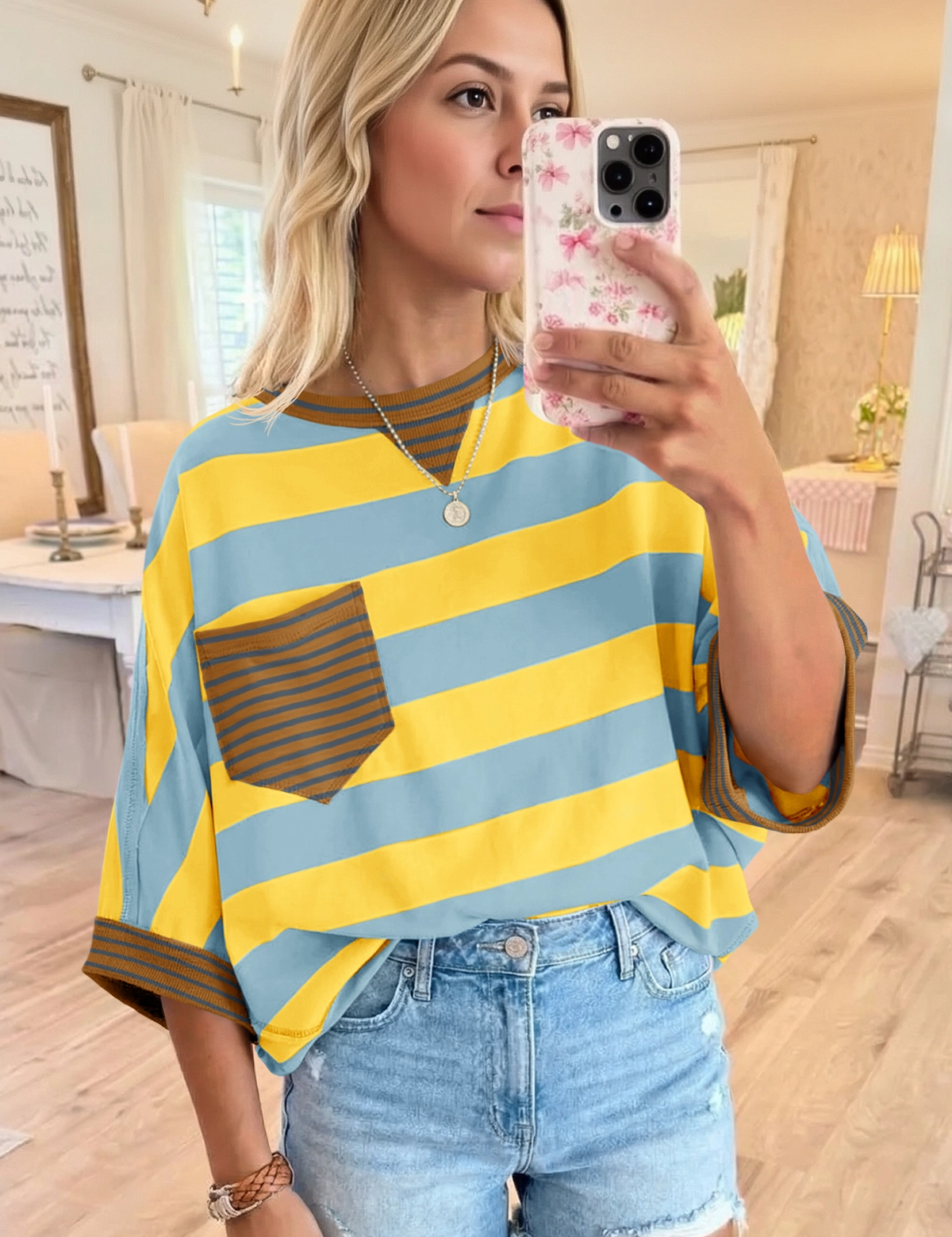 Fisoew Women's Yellow 2026 Summer Color Block Striped T-Shirts - Fisoew