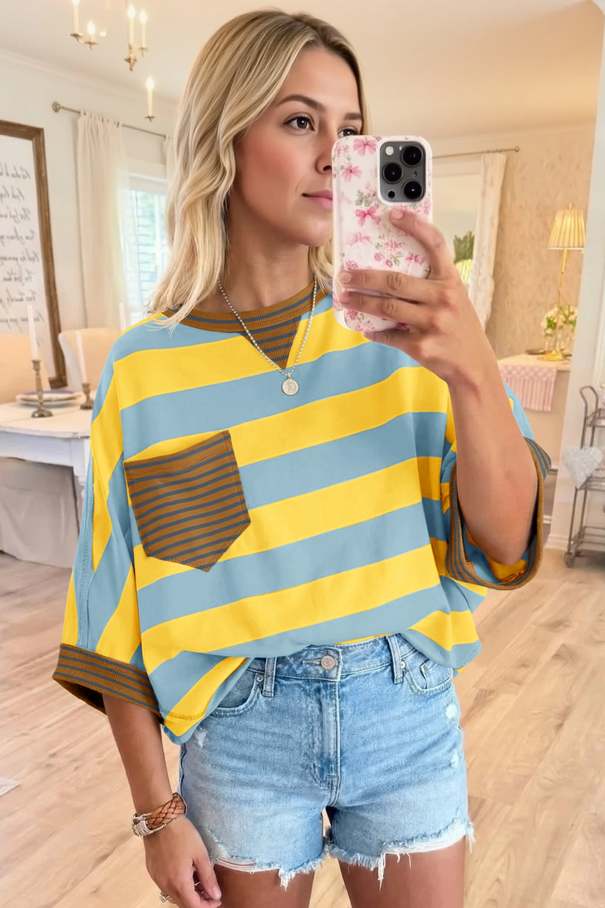 Fisoew Women's Yellow 2026 Summer Color Block Striped T-Shirts - Fisoew