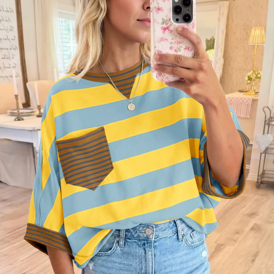 Fisoew Women's Yellow 2026 Summer Color Block Striped T-Shirts - Fisoew