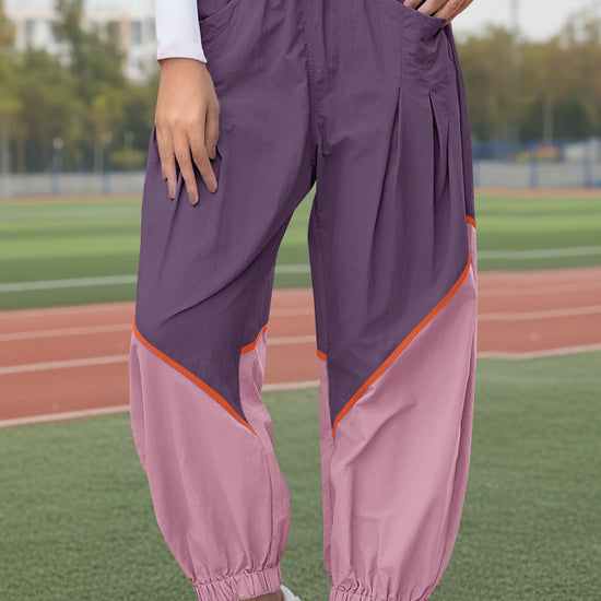 Womens Violet Elastic Waist Color Block Pants Fisoew - Fisoew