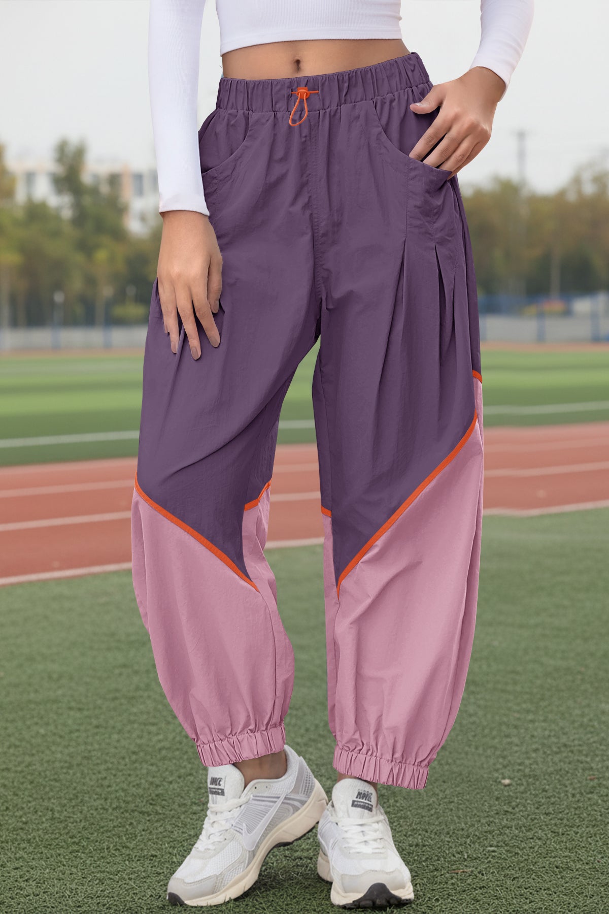 Womens Violet Elastic Waist Color Block Pants Fisoew - Fisoew