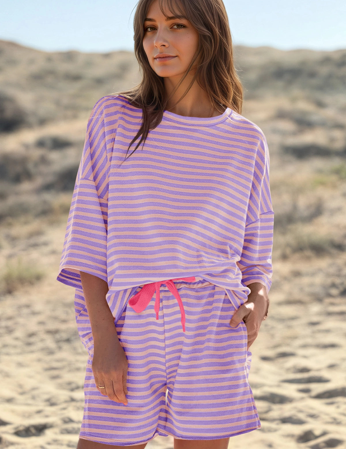 Womens Violet Striped Short Sets 2 Piece Fisoew - Fisoew