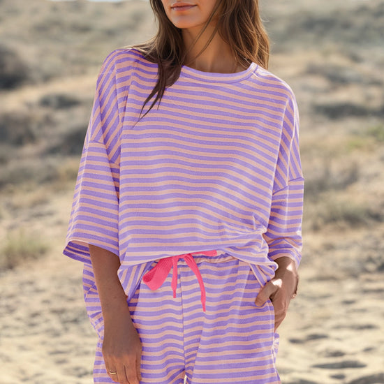 Womens Violet Striped Short Sets 2 Piece Fisoew - Fisoew
