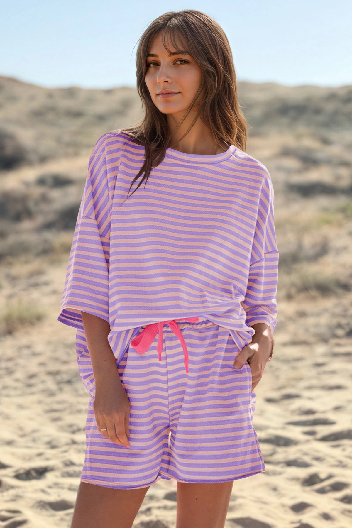 Womens Violet Striped Short Sets 2 Piece Fisoew - Fisoew