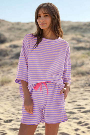 Womens Violet Striped Short Sets 2 Piece Fisoew - Fisoew