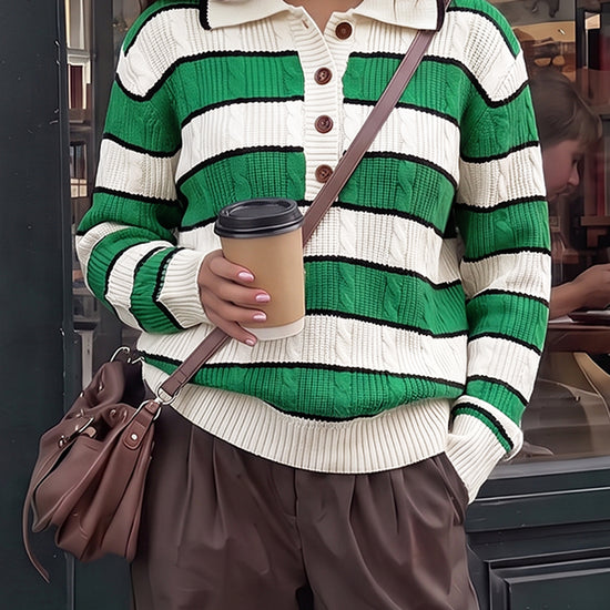 Colorblock Striped Half Button Pullovers - Fisoew