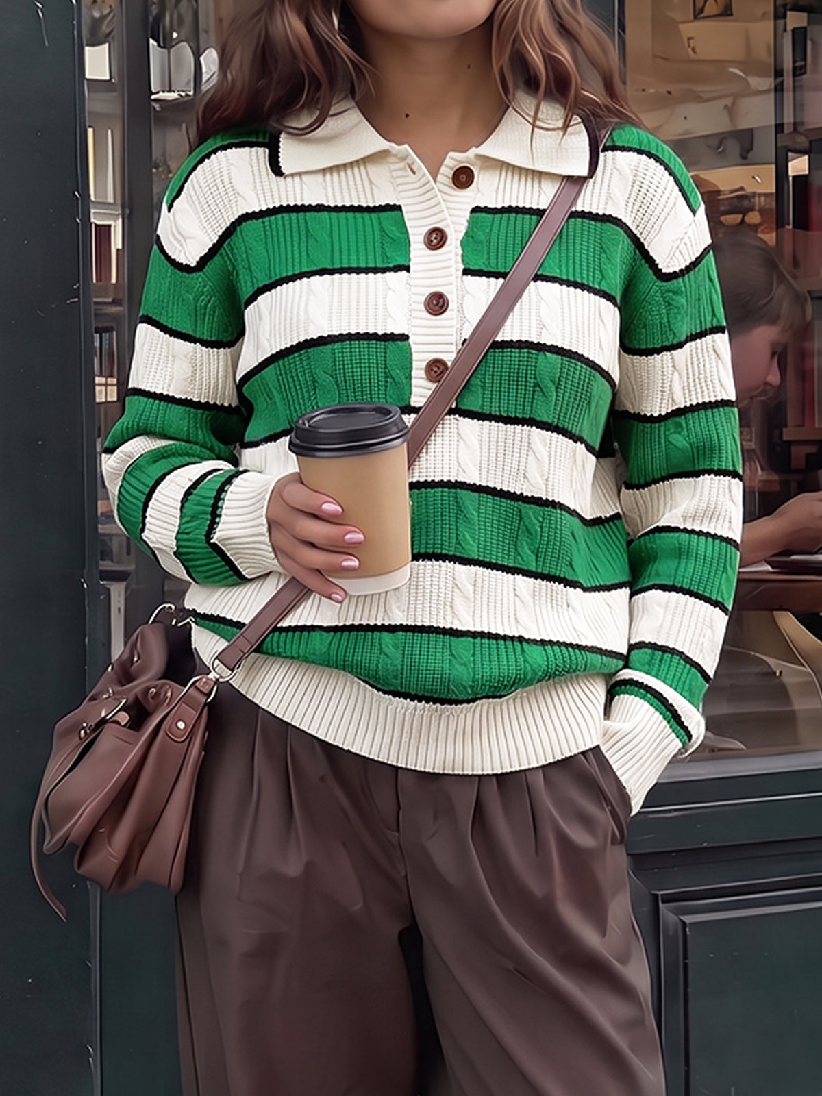 Colorblock Striped Half Button Pullovers - Fisoew