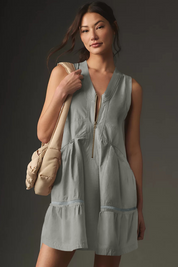Fisoew Women's Grey Sleeveless Mesh Back Utility Mini Dress - Fisoew