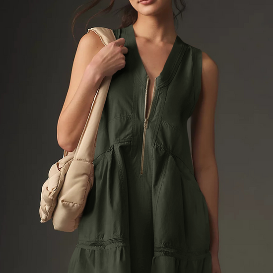 Fisoew Women's Army Green Sleeveless Mesh Back Utility Mini Dress - Fisoew