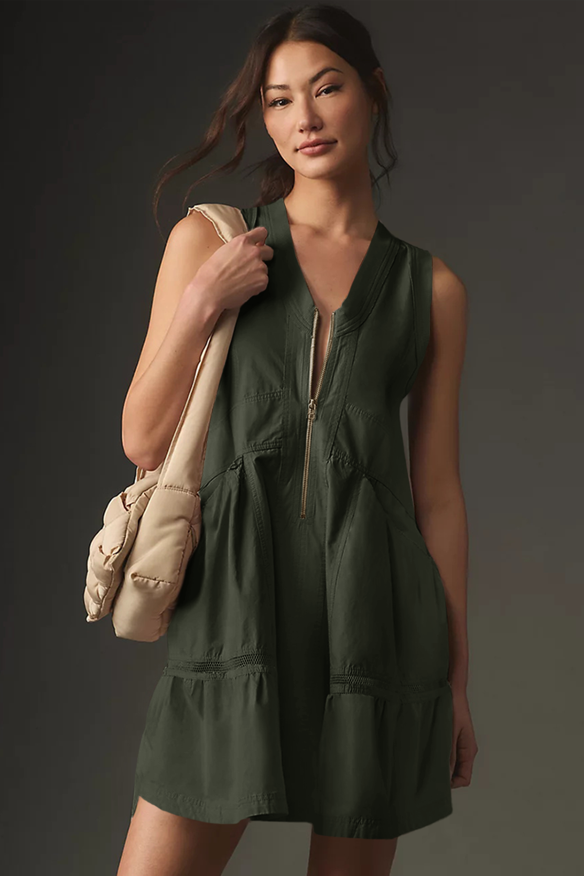 Fisoew Women's Army Green Sleeveless Mesh Back Utility Mini Dress - Fisoew