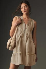 Fisoew Women's Khaki Sleeveless Mesh Back Utility Mini Dress - Fisoew