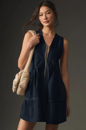 Fisoew Women's Dark Blue Sleeveless Mesh Back Utility Mini Dress - Fisoew