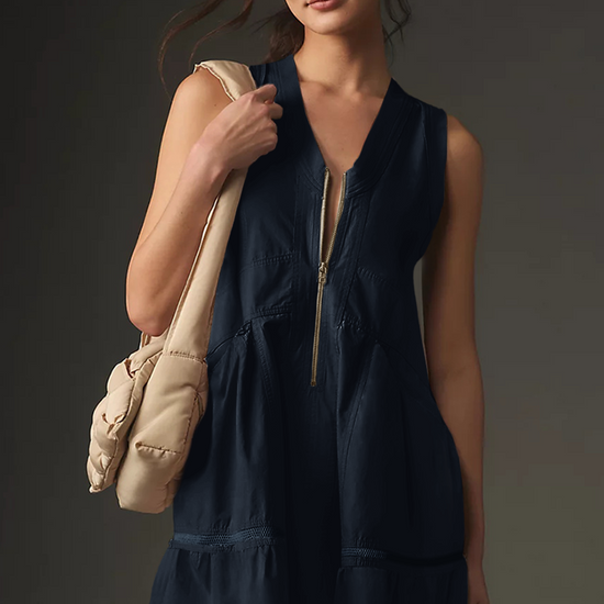 Fisoew Women's Dark Blue Sleeveless Mesh Back Utility Mini Dress - Fisoew