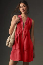 Fisoew Women's Red Sleeveless Mesh Back Utility Mini Dress - Fisoew