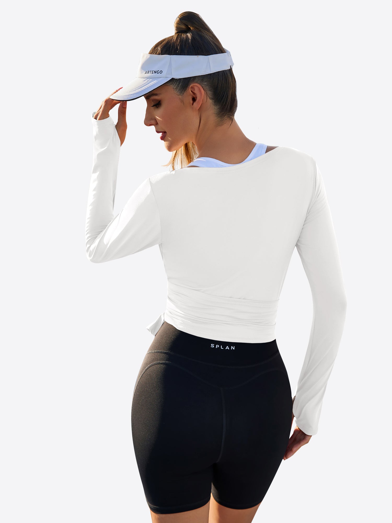 Fisoew Women‘s White Wrap Tie Tops Long Sleeve Workout Shirts - Fisoew
