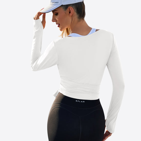 Fisoew Women‘s White Wrap Tie Tops Long Sleeve Workout Shirts - Fisoew