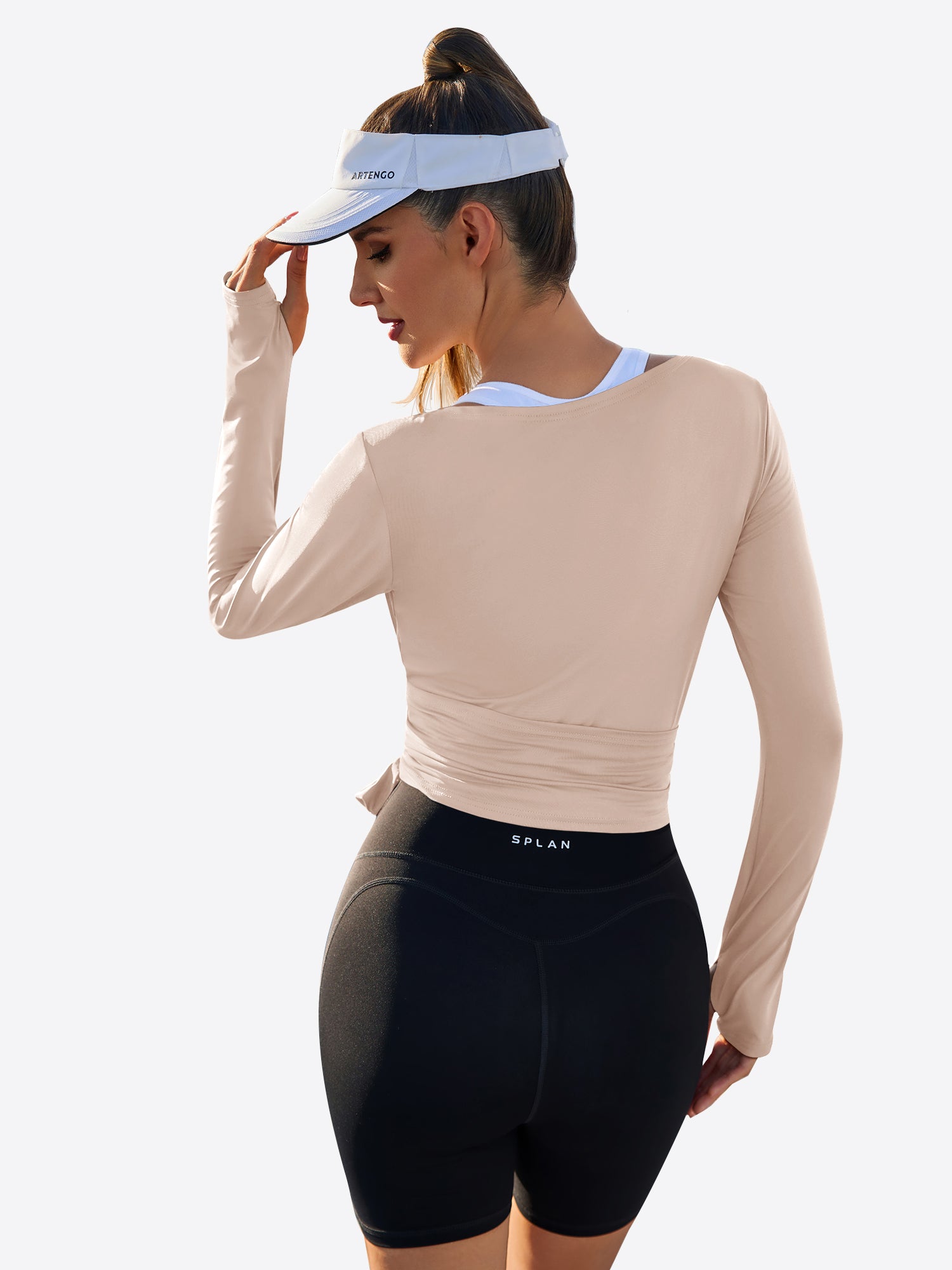 Fisoew Women‘s Light Khaki Wrap Tie Tops Long Sleeve Workout Shirts - Fisoew
