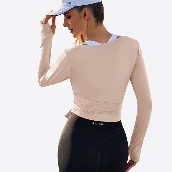 Fisoew Women‘s Light Khaki Wrap Tie Tops Long Sleeve Workout Shirts - Fisoew