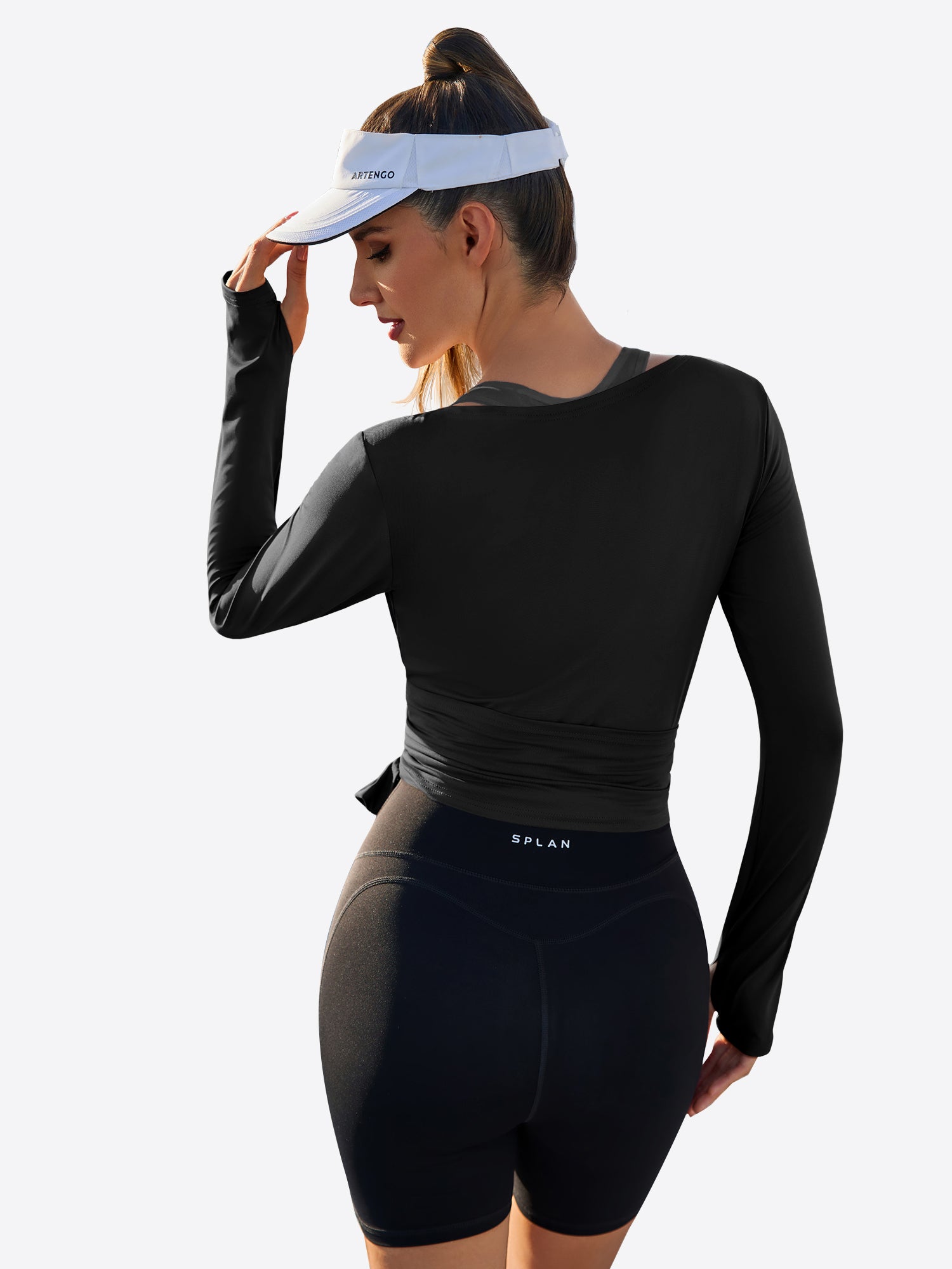 Fisoew Women‘s Black Wrap Tie Tops Long Sleeve Workout Shirts - Fisoew