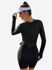 Fisoew Women‘s Black Wrap Tie Tops Long Sleeve Workout Shirts - Fisoew