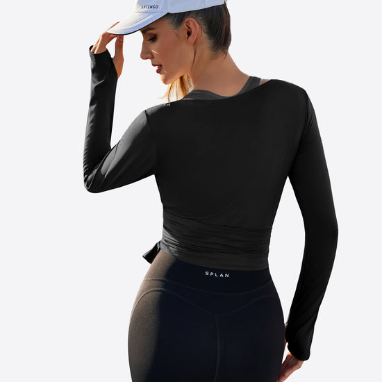 Fisoew Women‘s Black Wrap Tie Tops Long Sleeve Workout Shirts - Fisoew