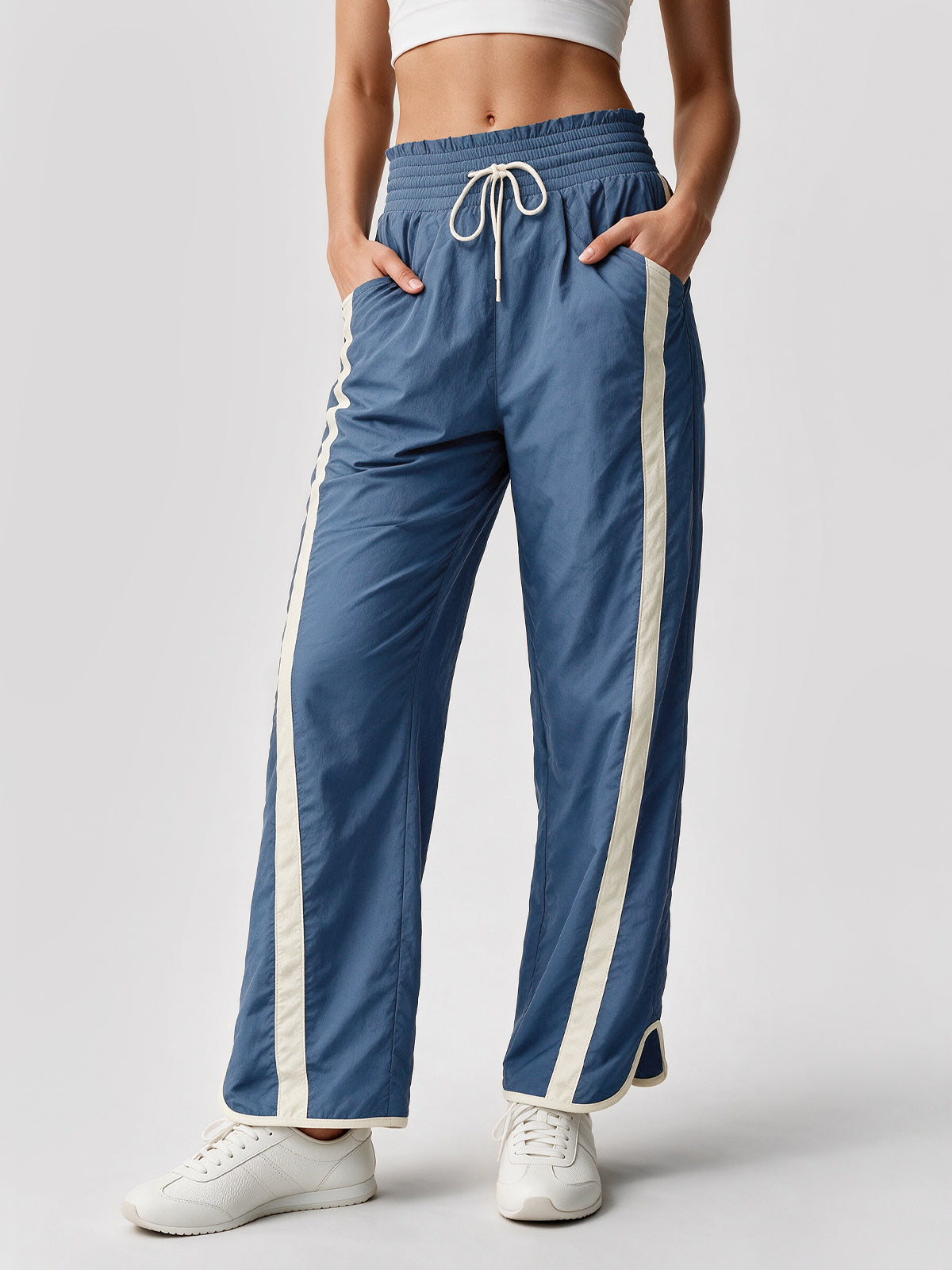 Drawstring Elastic Contrast Color Pants - Fisoew
