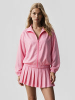 Stripe Zipper Jacket With Pleated Skirt Sets