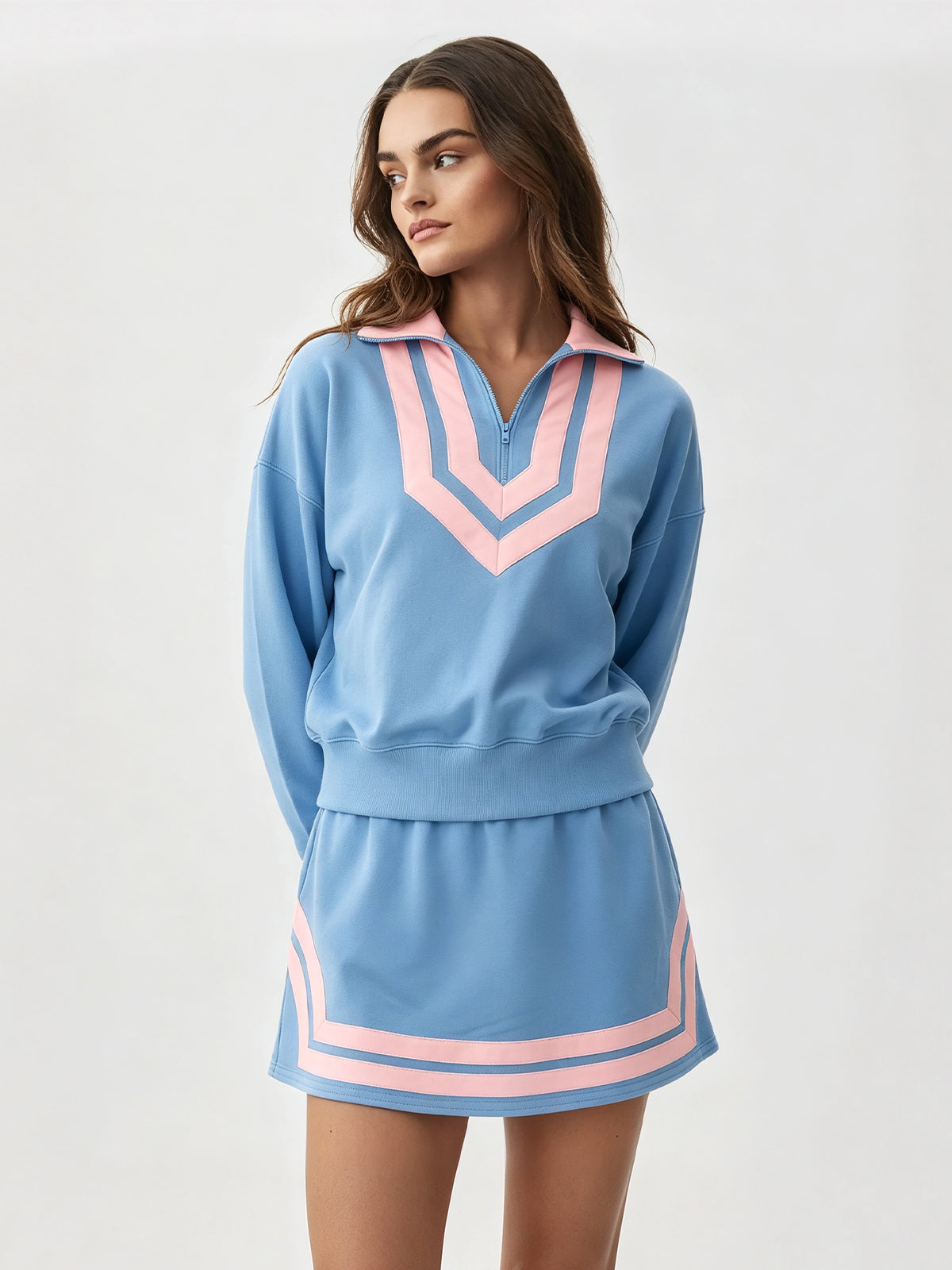 Half Zip Sweatshirt With Skirt Sets - Fisoew