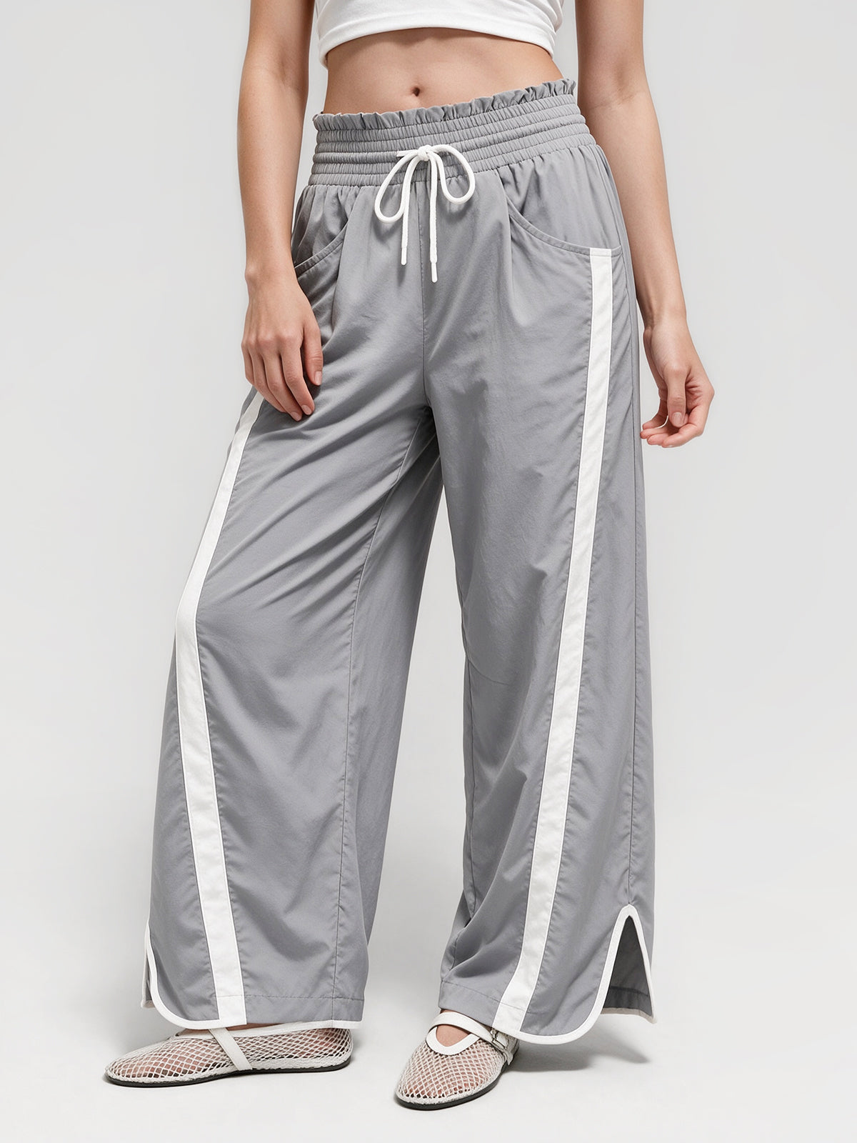 Drawstring Elastic Contrast Color Pants - Fisoew