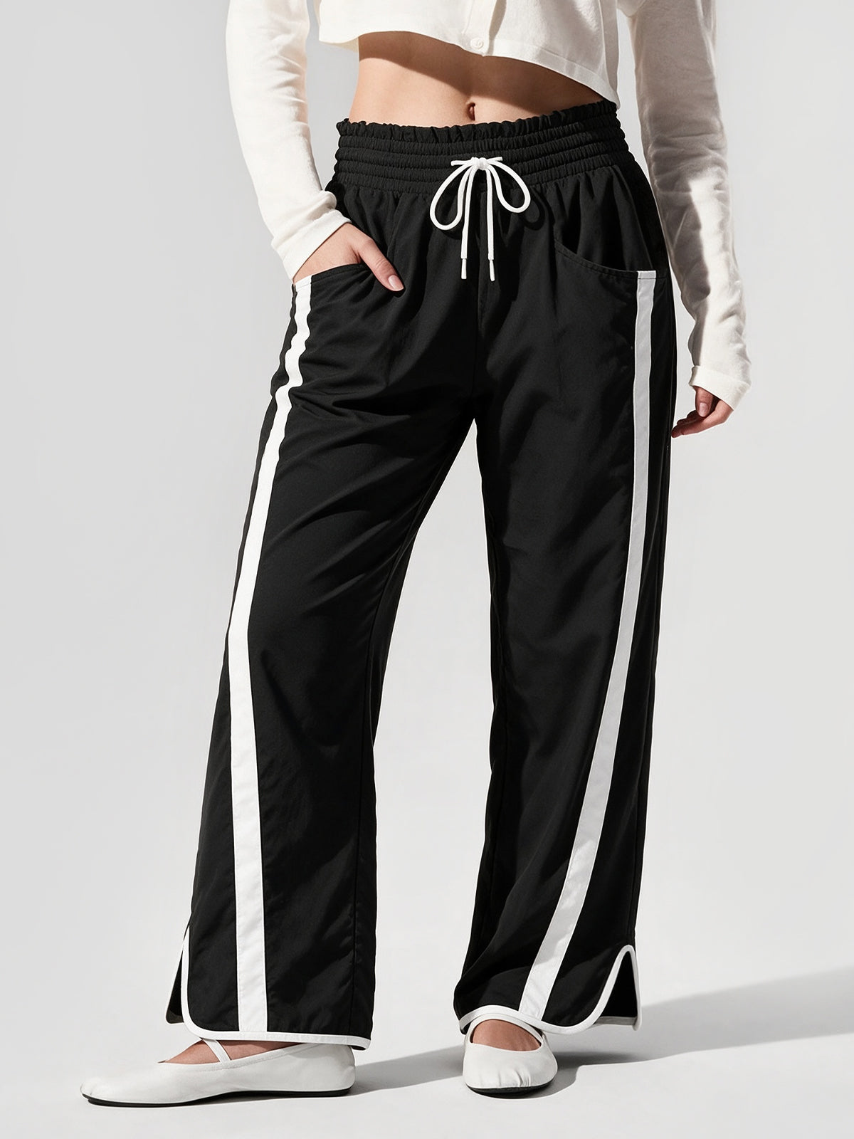 Drawstring Elastic Contrast Color Pants - Fisoew
