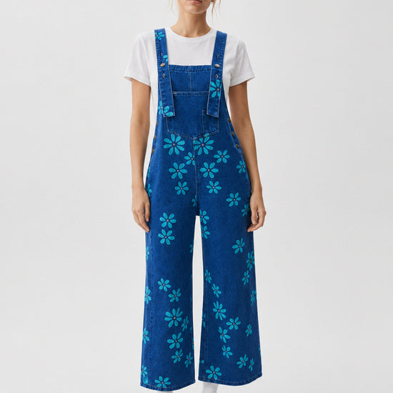 Flower Print Wide Leg Denim Jumpsuit - Fisoew