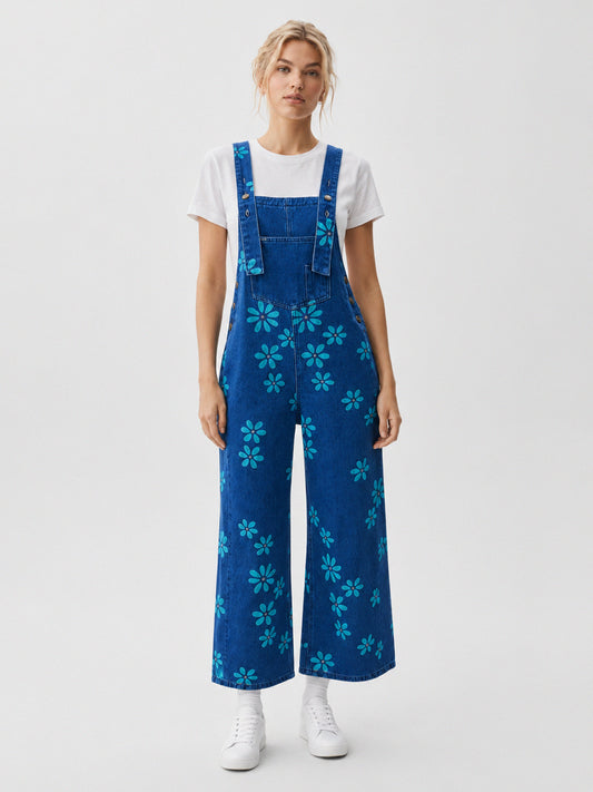 Flower Print Wide Leg Denim Jumpsuit - Fisoew