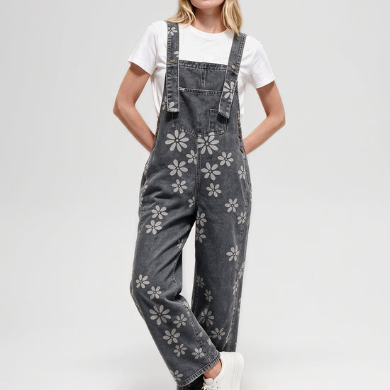 Flower Print Wide Leg Denim Jumpsuit - Fisoew