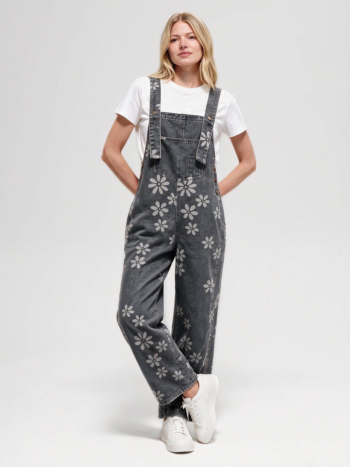 Flower Print Wide Leg Denim Jumpsuit - Fisoew