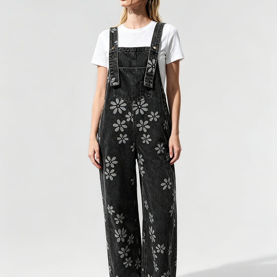 Flower Print Wide Leg Denim Jumpsuit - Fisoew