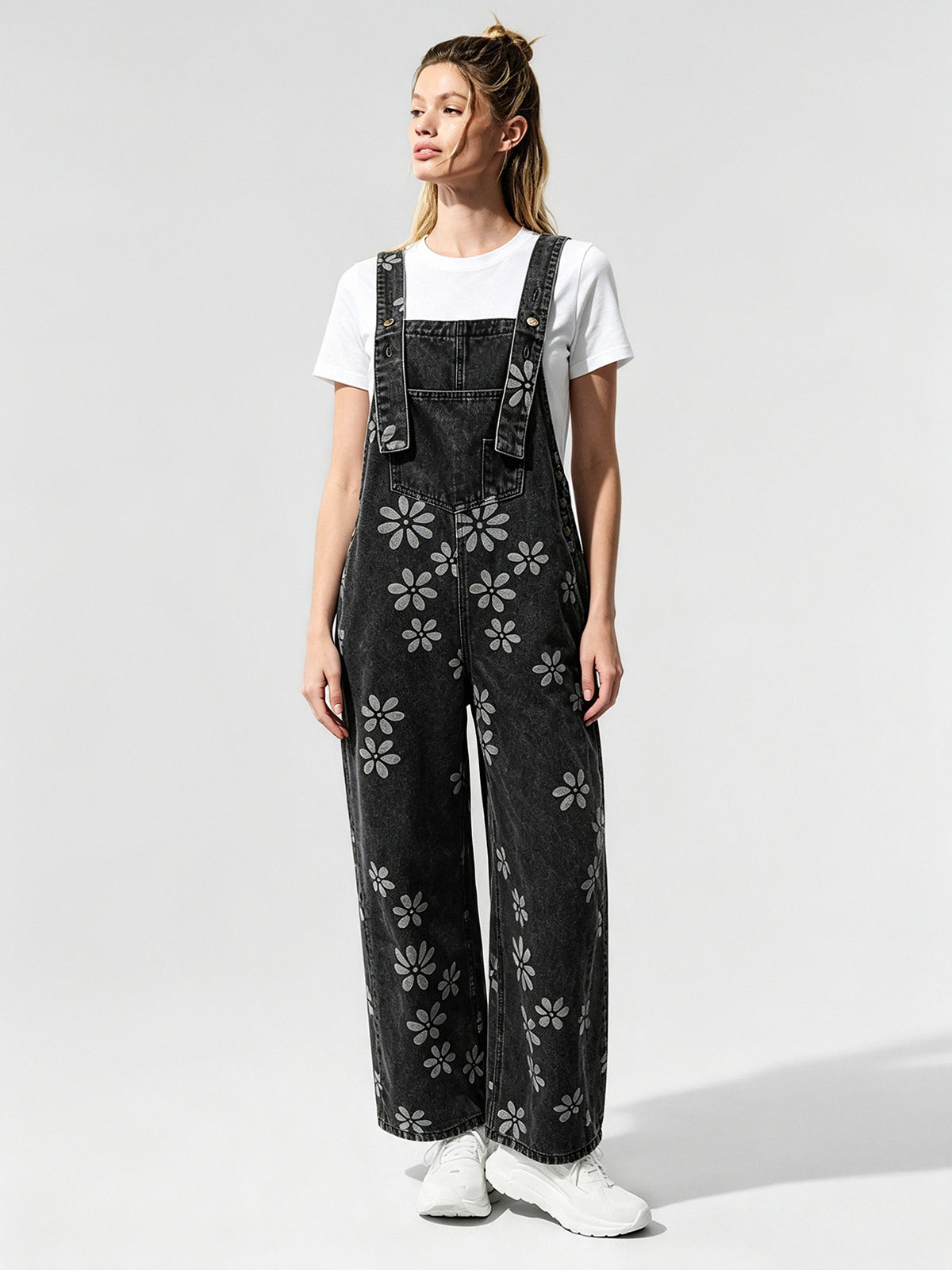 Flower Print Wide Leg Denim Jumpsuit - Fisoew