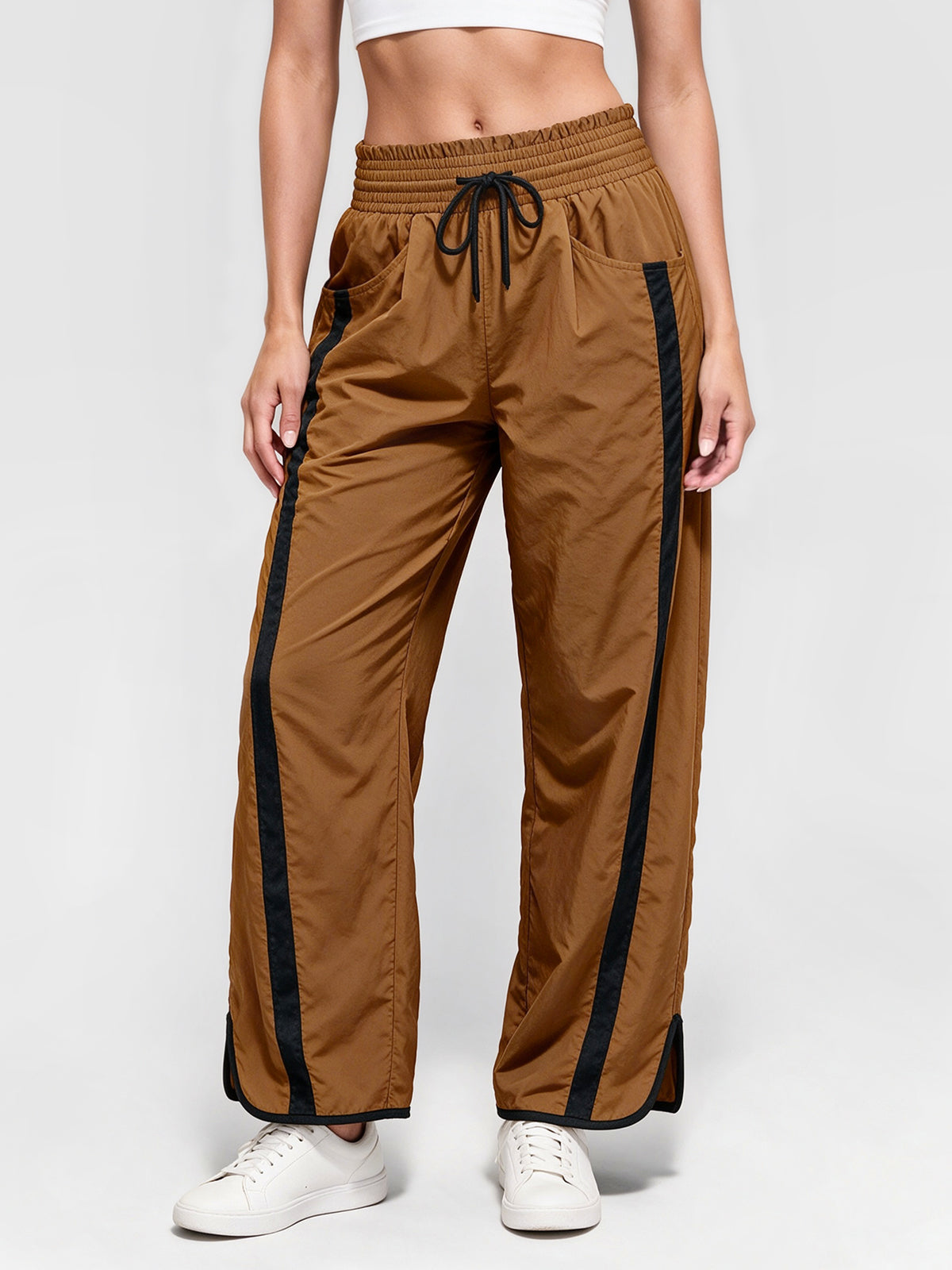 Drawstring Elastic Contrast Color Pants - Fisoew
