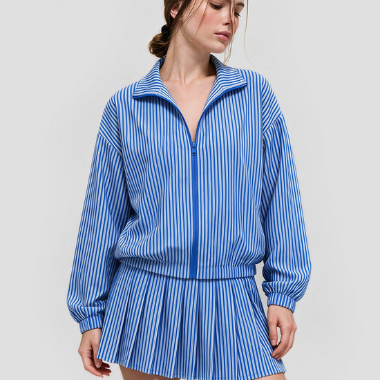 Stripe Zipper Jacket With Pleated Skirt Sets - Fisoew