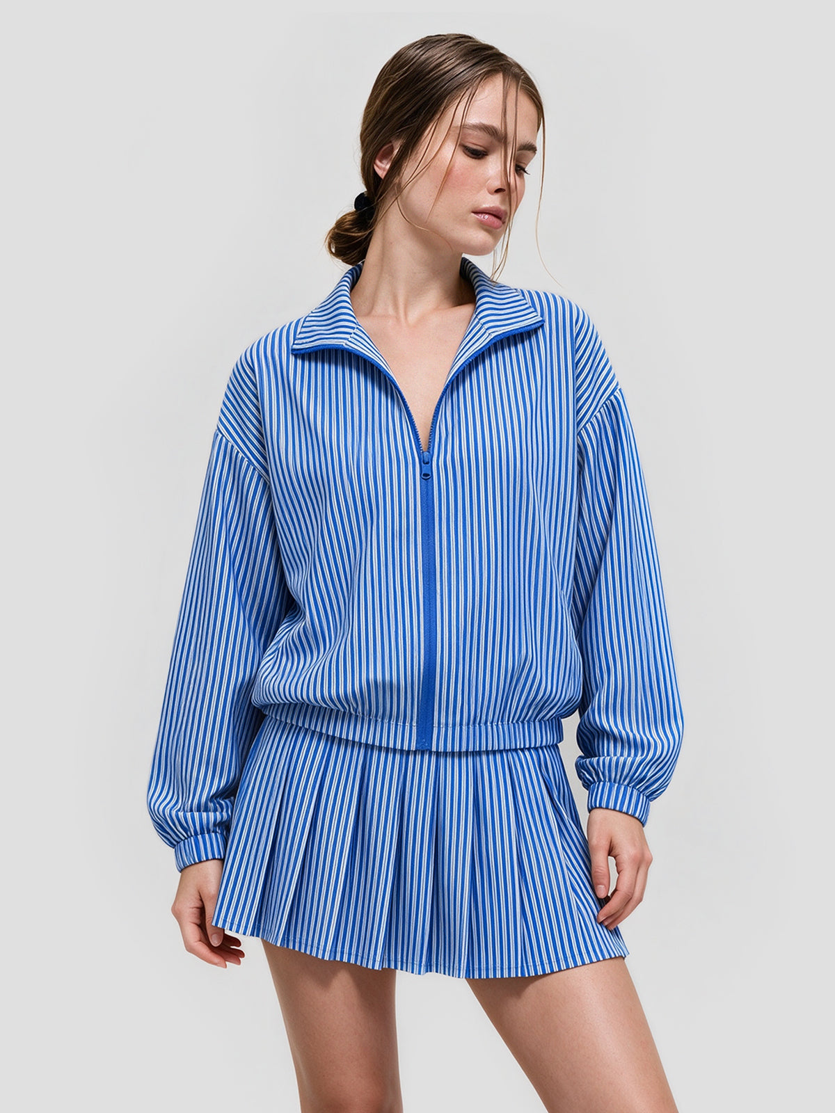 Stripe Zipper Jacket With Pleated Skirt Sets - Fisoew