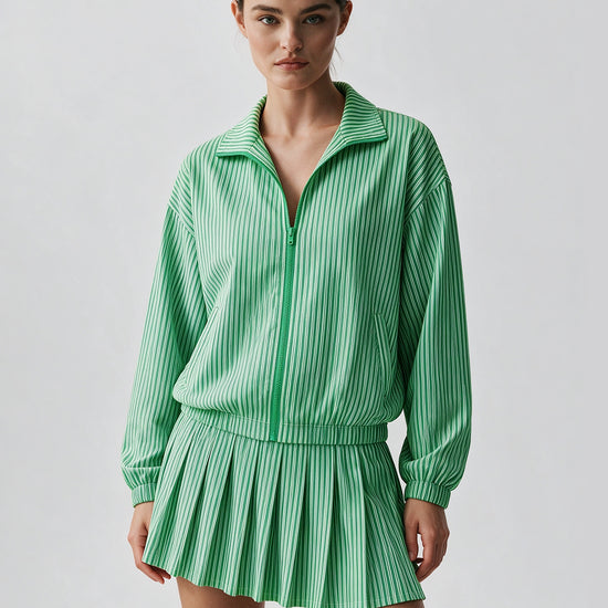 Stripe Zipper Jacket With Pleated Skirt Sets - Fisoew