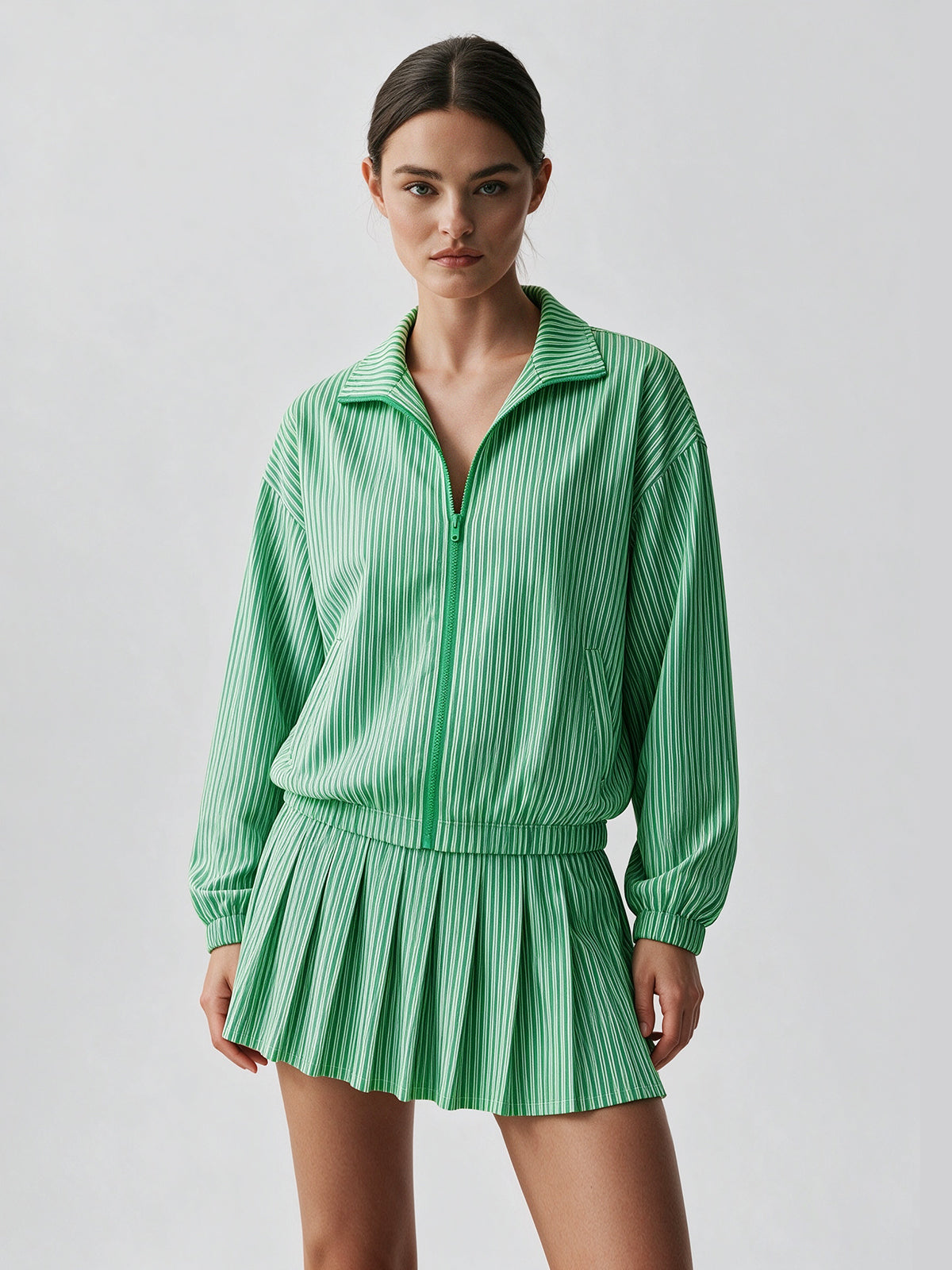 Stripe Zipper Jacket With Pleated Skirt Sets - Fisoew