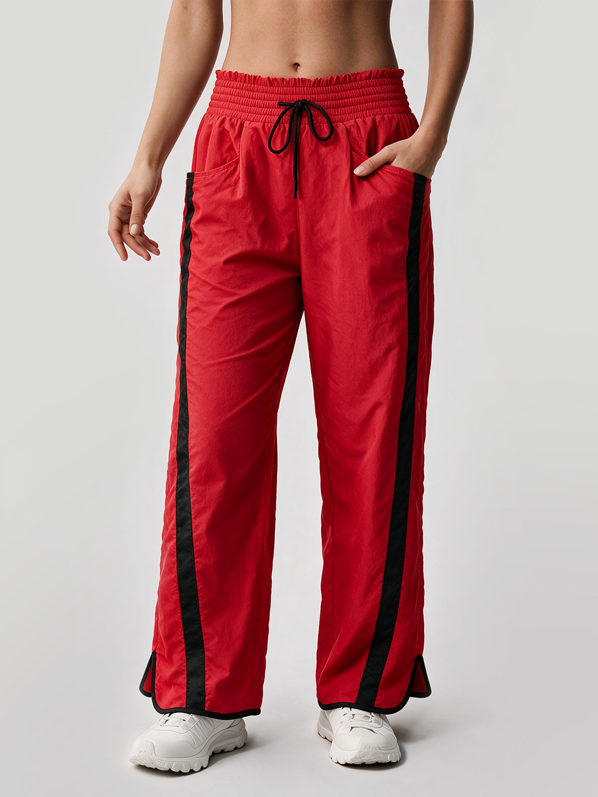 Drawstring Elastic Contrast Color Pants - Fisoew