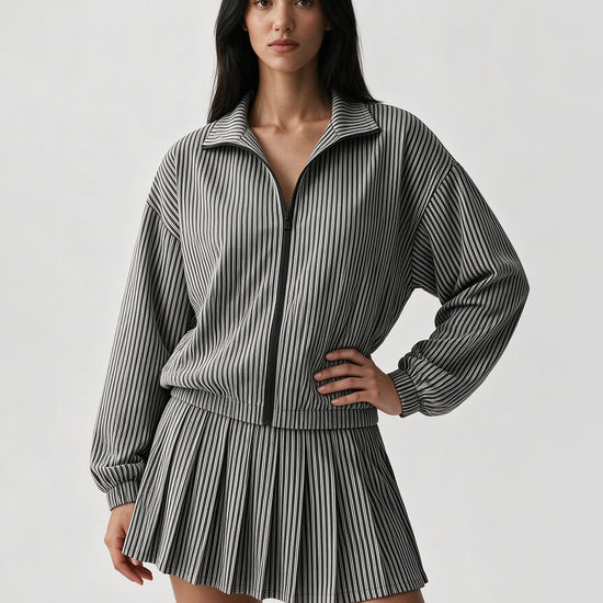 Stripe Zipper Jacket With Pleated Skirt Sets - Fisoew