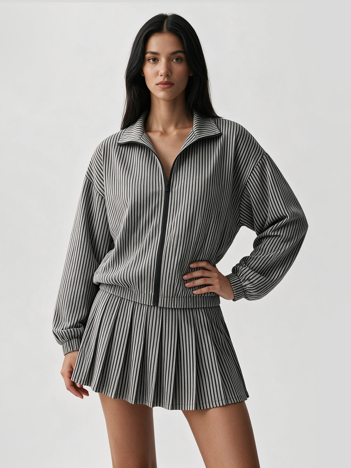 Stripe Zipper Jacket With Pleated Skirt Sets - Fisoew